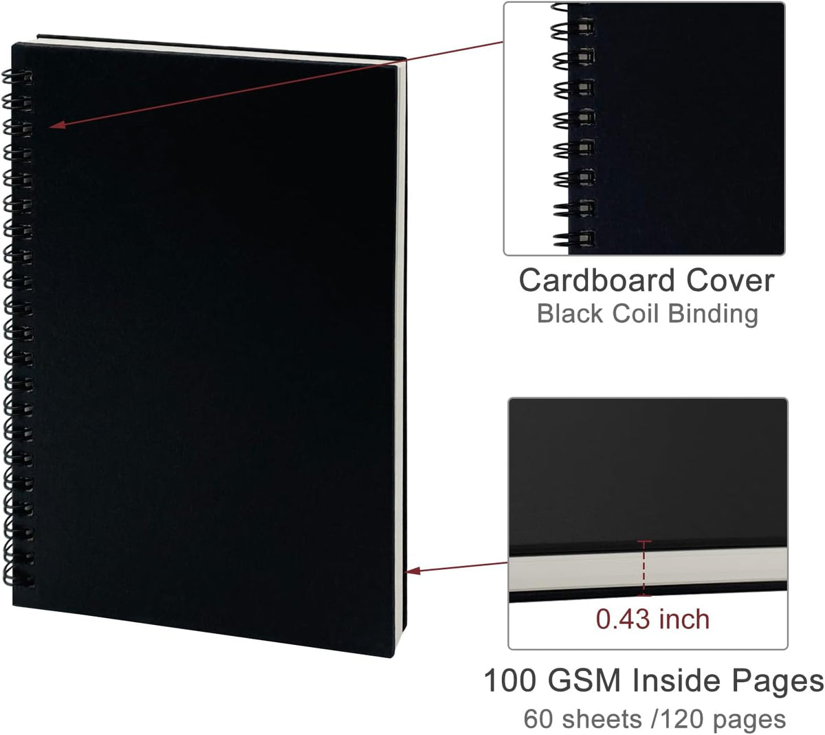 Ykimok 2-Pack (60 Sheets/Notebook) College Ruled Hardback Black Cover Spiral Notebook - Memo Notepad and Sketchbook for Students, Office, and Business Diary, 7.48 x 5.11 Inches.