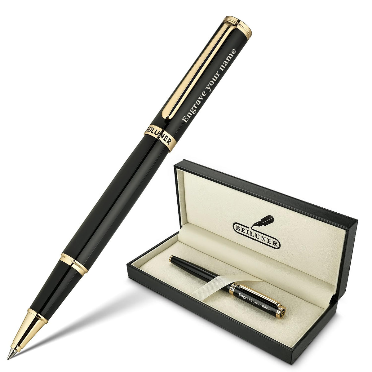 BEILUNER Luxury Rollerball Pen, Stunning Silver Chrome with 24K Gold Finish,Noble and Elegant Designs,Schneider Ink Refill, Best Gift Pen for Men & Women, Professional, Executive Office, Fancy Pens