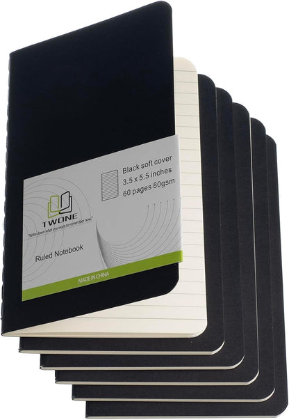 TWONE 6 Pack Mini Pocket Notebooks, 3.5x5.5, Lined, Black Cardstock