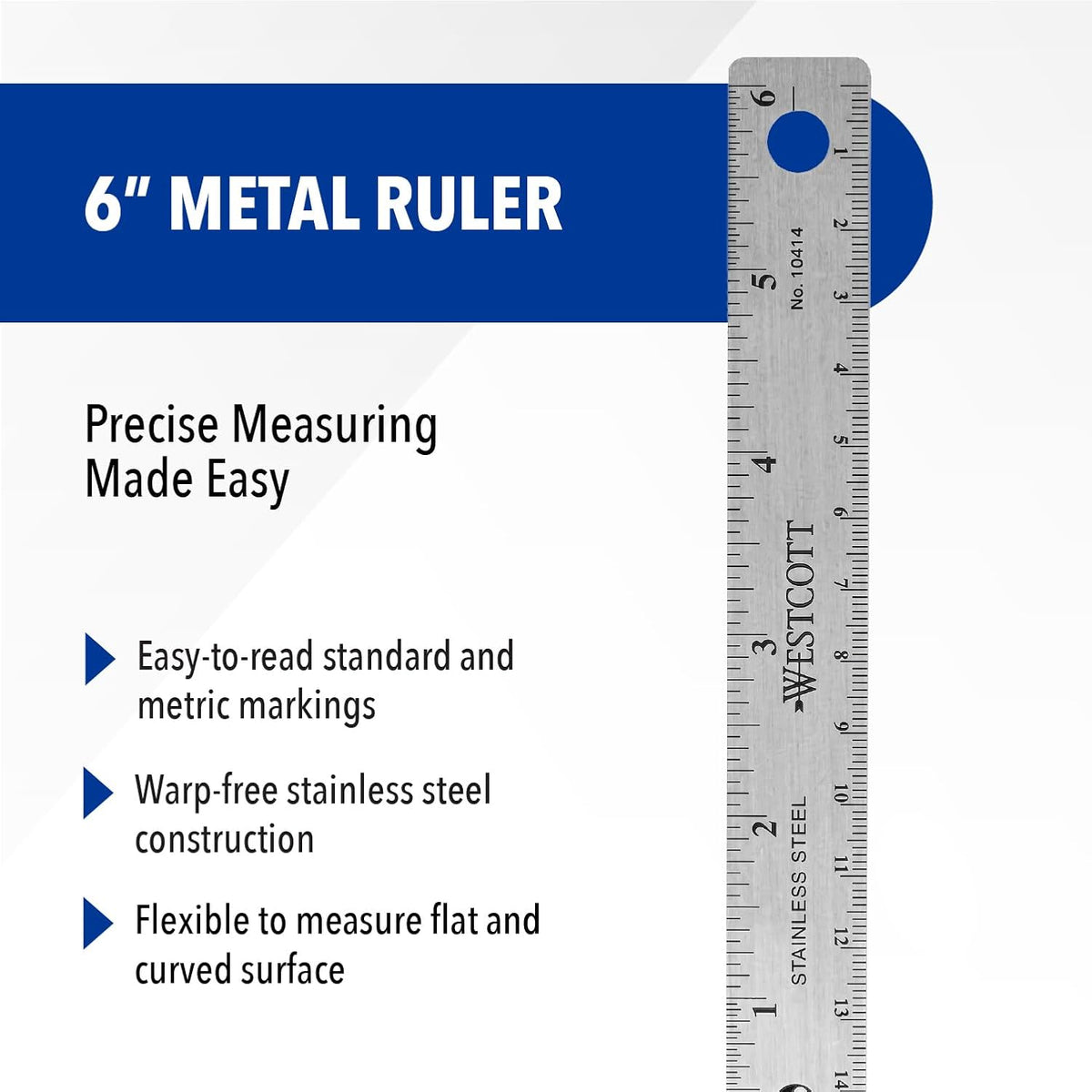 Westcott 10414 Stainless Steel Metal Ruler with Non-Slip Cork Base, 6 in