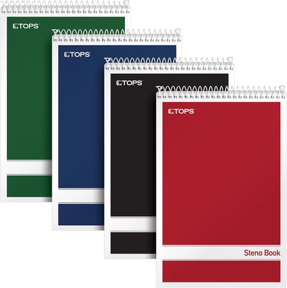 TOPS Steno Pads 4 Pack, 6" x 9" Spiral Steno Notebooks, Gregg Rule for lists, 80 Sheets Each, White Paper, Assorted Covers, Take Notes for School, College, Work, Office (80220)