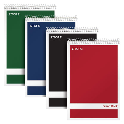 TOPS Steno Pads 4 Pack, 6" x 9" Spiral Steno Notebooks, Gregg Rule for lists, 80 Sheets Each, White Paper, Assorted Covers, Take Notes for School, College, Work, Office (80220)