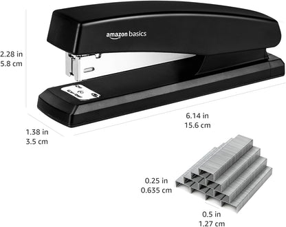 Amazon Basics Office Stapler with 1000 Staples, 25 Sheet Capacity, Non-Slip, Black, Home Office