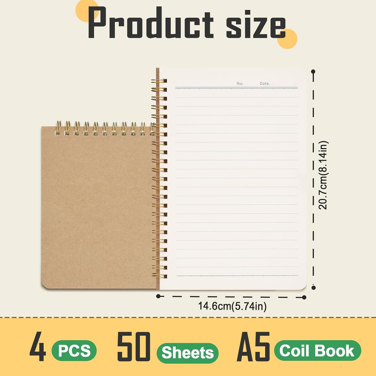 JIANTA 4 Pack A5 Spiral Notebook, Ruled Kraft Cover Wirebound Journals