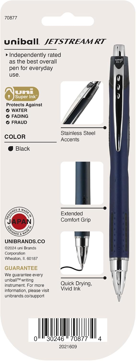 uniball™ Jetstream RT Ballpoint Pens, Black Ink, 0.7mm Fine Point, 3 Count