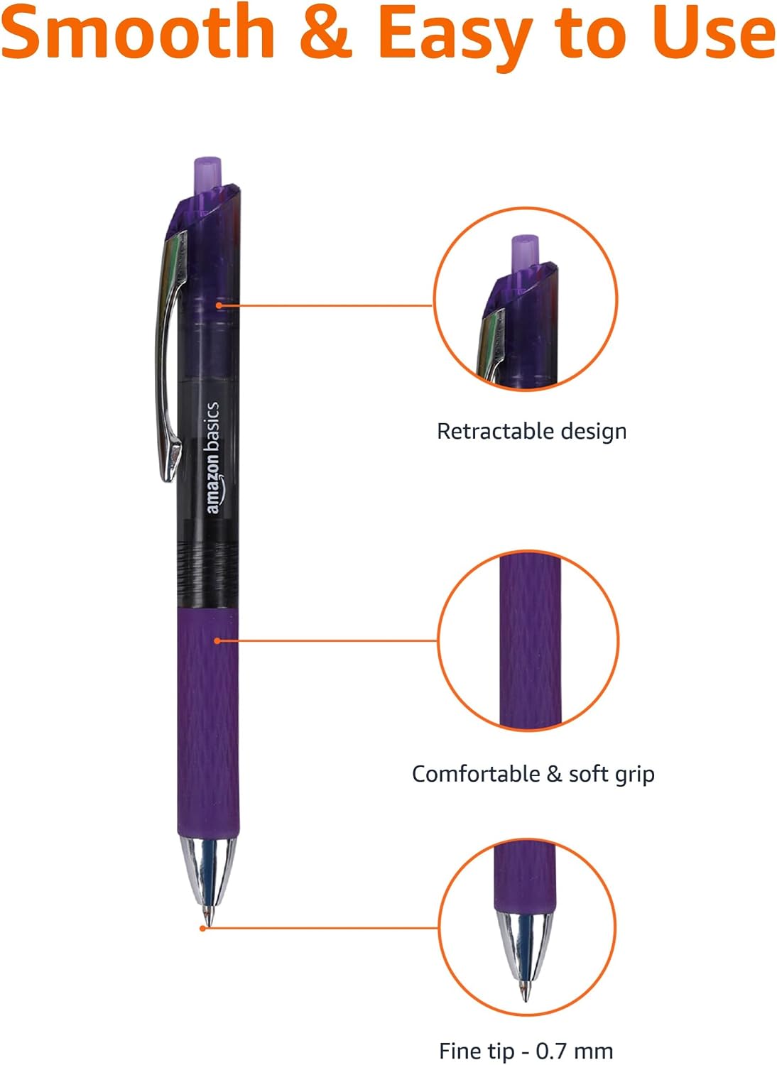 Amazon Basics Retractable Gel Pens, Fine Point 0.7mm, Smooth Writing, Assorted Colors, 12-Pack