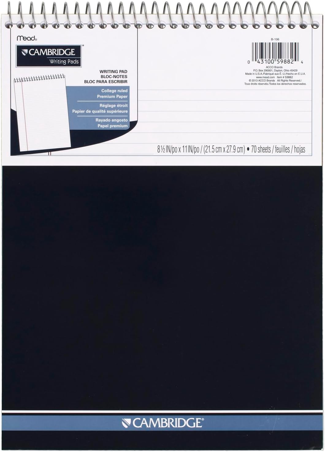 Cambridge Spiral Notebook, College Ruled Paper, 8-1/2" x 11", 70 Sheets, Top Bound, Navy (59882)