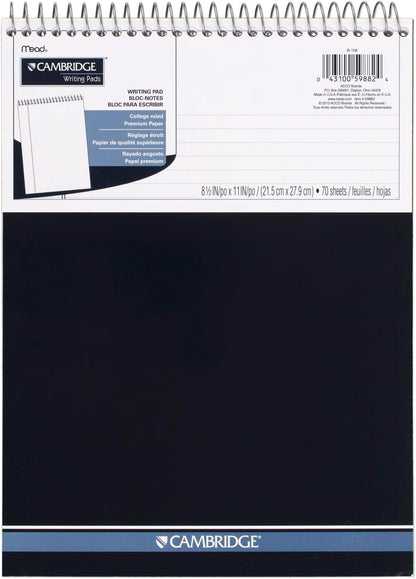 Cambridge Spiral Notebook, College Ruled Paper, 8-1/2" x 11", 70 Sheets, Top Bound, Navy (59882)