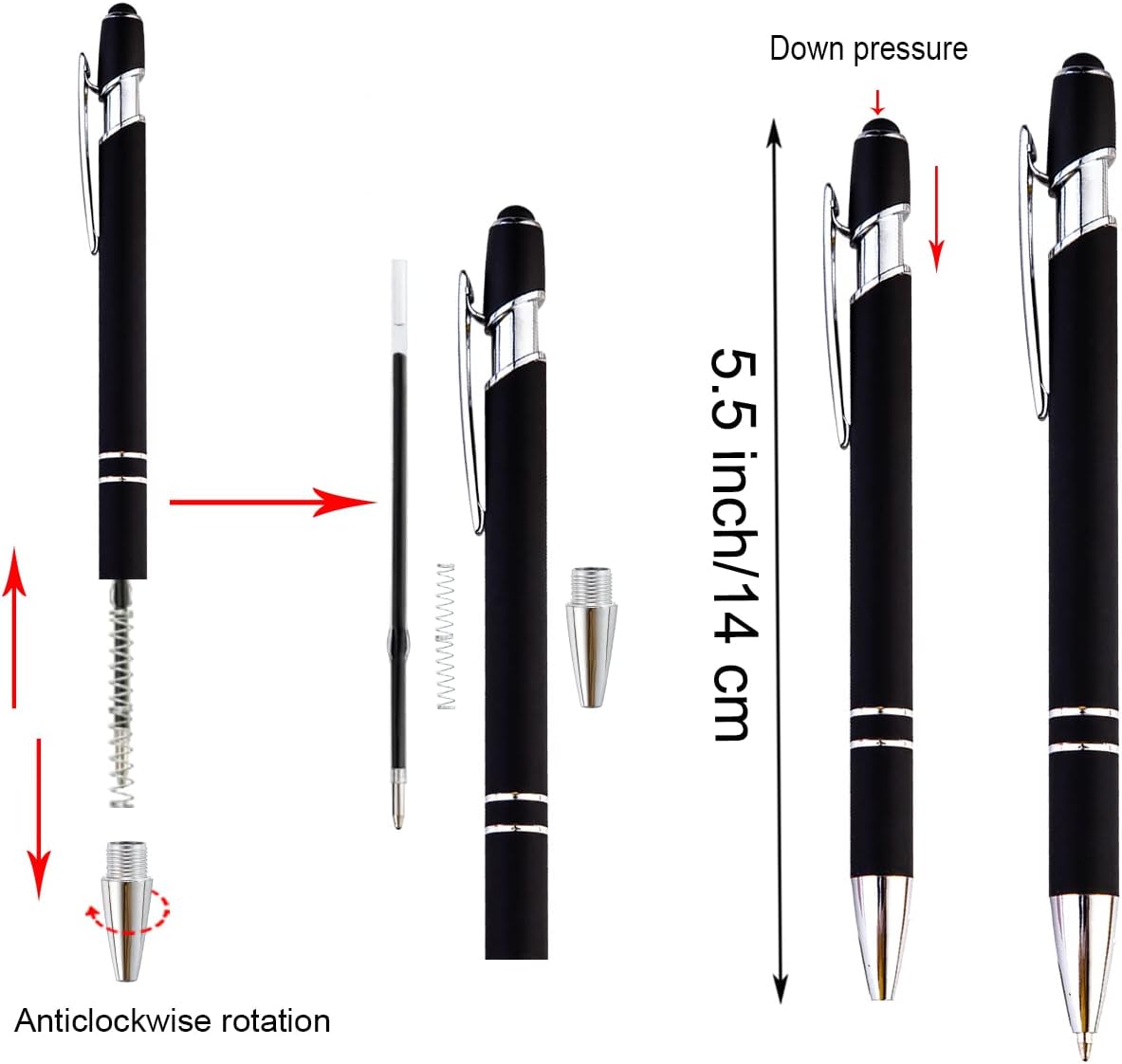 PASISIBICK 12-Piece Black Ballpoint Pen with Stylus Tip, 2 in 1 Stylish Metal Touch Screen Pen - Black Ink, 1.0 mm Medium Point - 5.5 x 0.4 inch / 14 x 1 cm