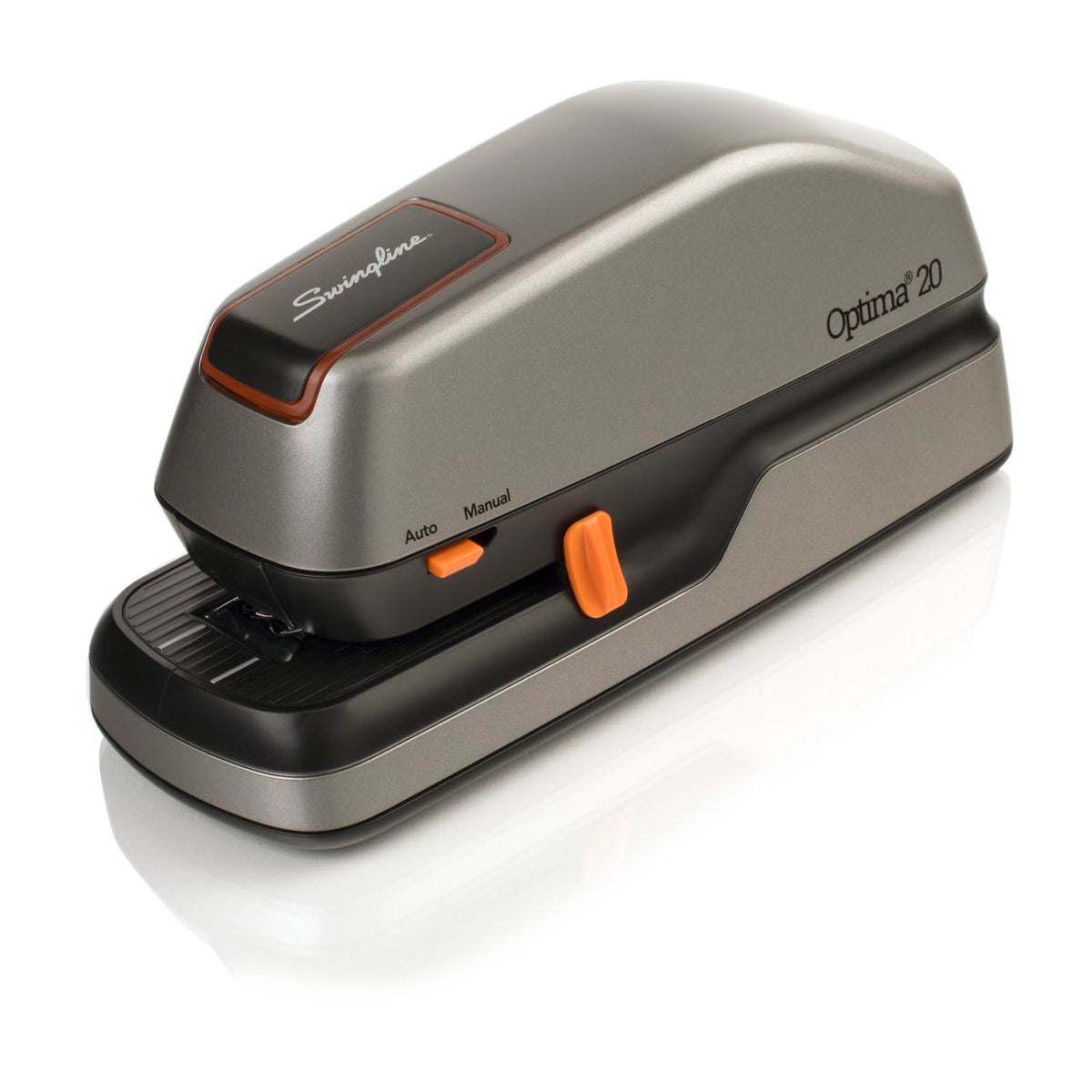 Swingline Electric Stapler, 20 Sheet Capacity, Optima 20, Jam Free, Compact, Automatic or Manual, Plug In or Battery, Orange and Gray (48207)