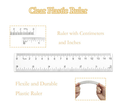2 Pack 6 inch Clear Plastic Ruler, 15 cm Straight Rulers, Transparent Measuring Tools, Drafting Tools, Flexible Ruler with Inches and Centimeters for School and Office Supply