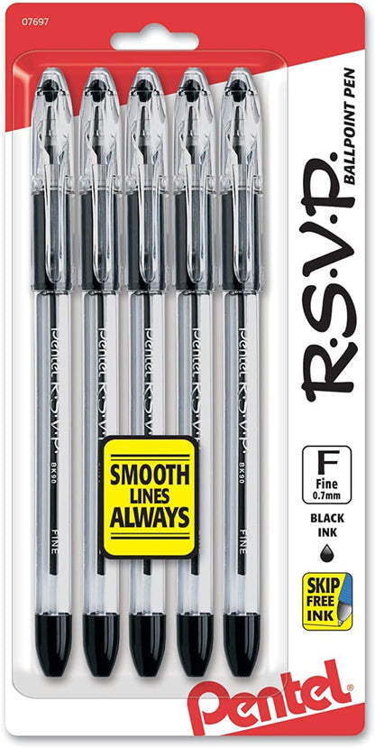 Pentel RSVP Ballpoint Pen, (0.7mm), Fine Line, Black Ink, Pack of 5 (BK90PF5A)