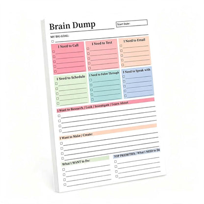 50 Page Brain Dump Notepad, To Do List Notepad with Multiple Functional Sections, A5 Daily Planning Management Manual, Minimal Planning Tool