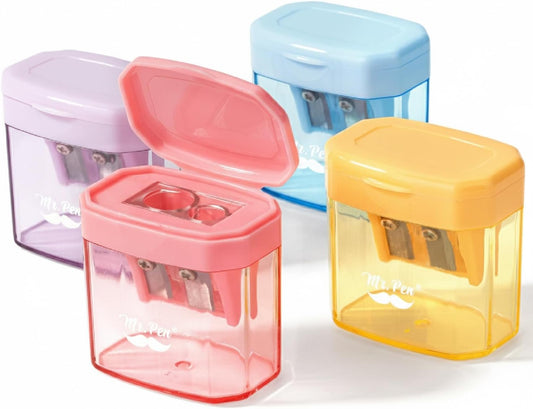 Mr. Pen- Manual Pencil Sharpener, 4 Pack, Colorful, Dual Holes | Compatible with Standard and Jumbo Pencils, Snap-on Lid, Colored Handheld Pencil Sharpener for Artists, Classroom