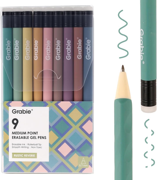 Grabie Erasable Gel Pens, 9 Color 0.7 mm Point, Rustic Reverie