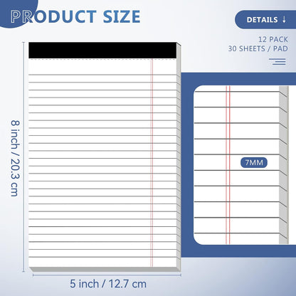 Nichela 5" x 8" Note Pads 12 Pack of Legal Pads 30 Sheets Notepad College Ruled Small Writing Pads Perforated Pages Paper Pads 80GSM Heavyweight Paper Note Pads for Home, Office, or School