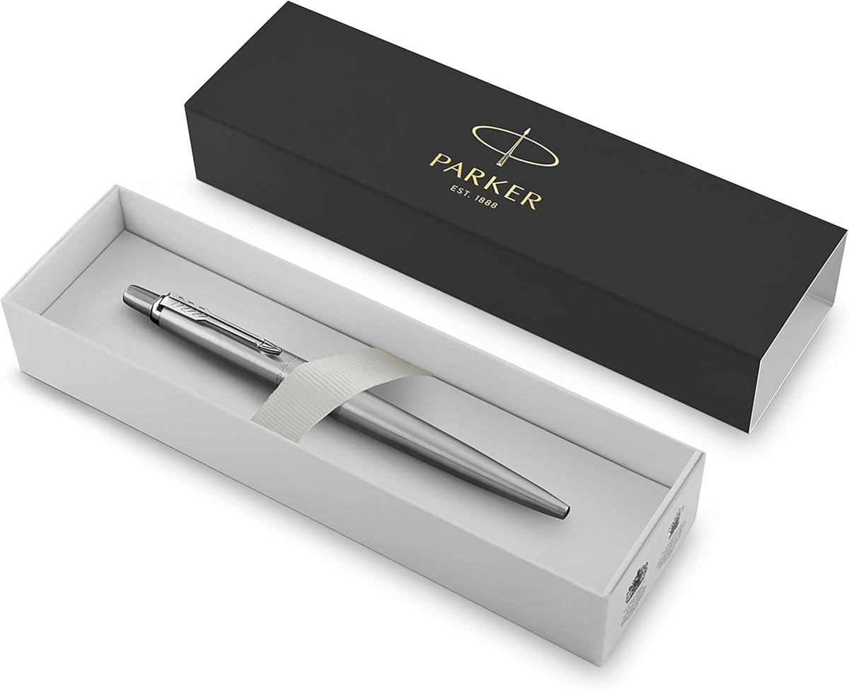 Parker Jotter Ballpoint Pen, Stainless Steel with Chrome Trim, Medium Point, Blue Ink - Smooth Writing, Polished, Professional, Sleek Design