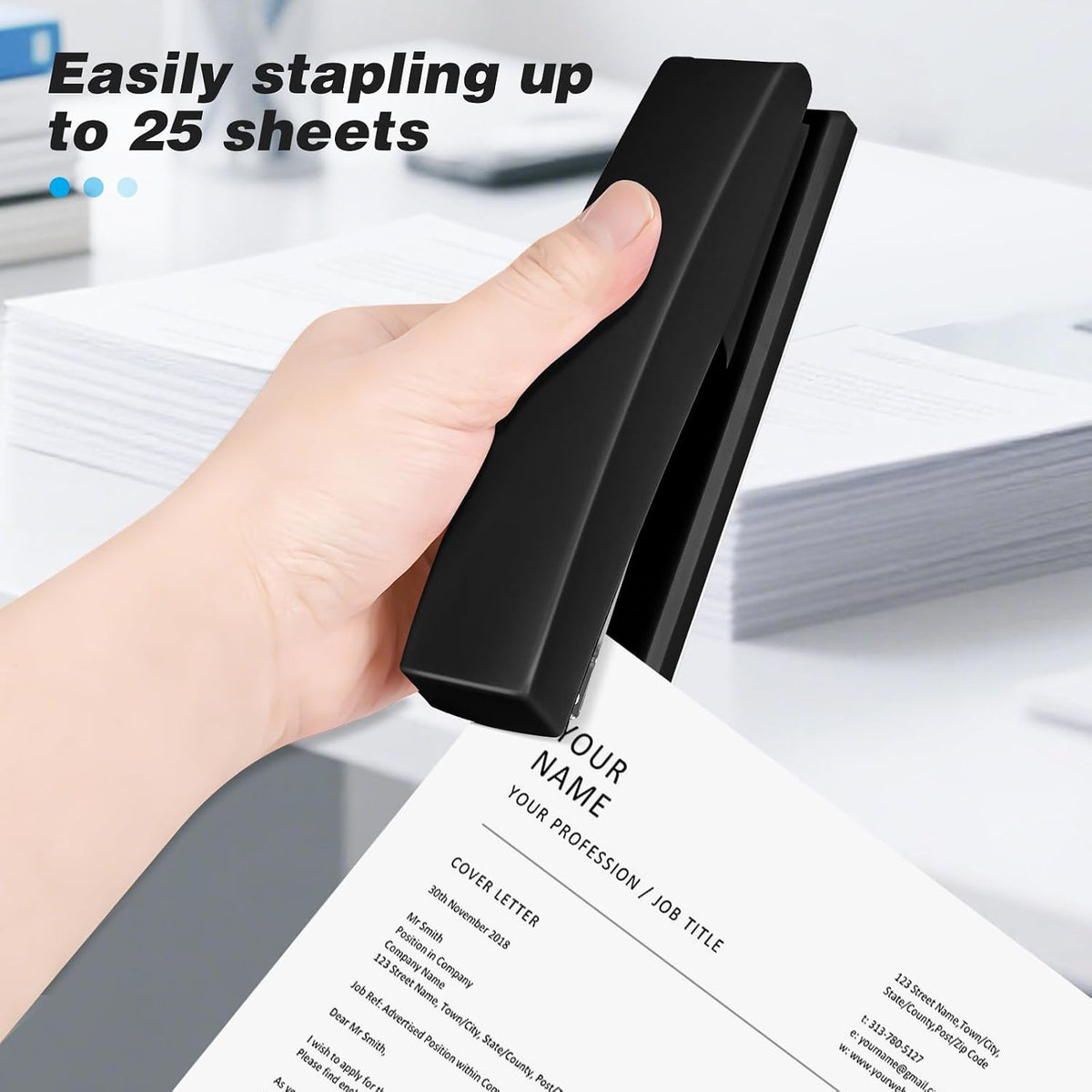 Stapler with 5000 Staples - 25 Sheet Capacity, Staplers for Desk, Black