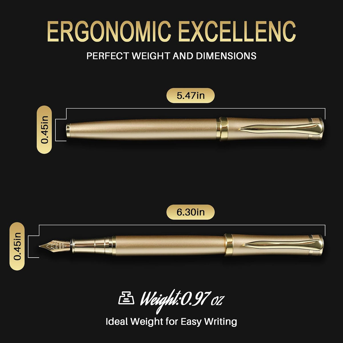 Smooth Writing Fountain Pen, 10 Ink Cartridges, Fine Nib, Gold