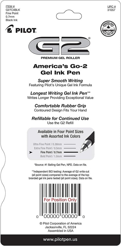 PILOT G2 Premium Gel Pens, Fine Point 0.7mm, Black Ink, 4-Pack
