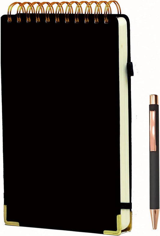 300 Pages Top Spiral Notebook 6x9 Leather Steno Pad Hardcover Steno Notebooks Top Spiral for Work Steno NotePad, 100 GSM Thick Paper, Left Handed Notebooks for Office College School, Black