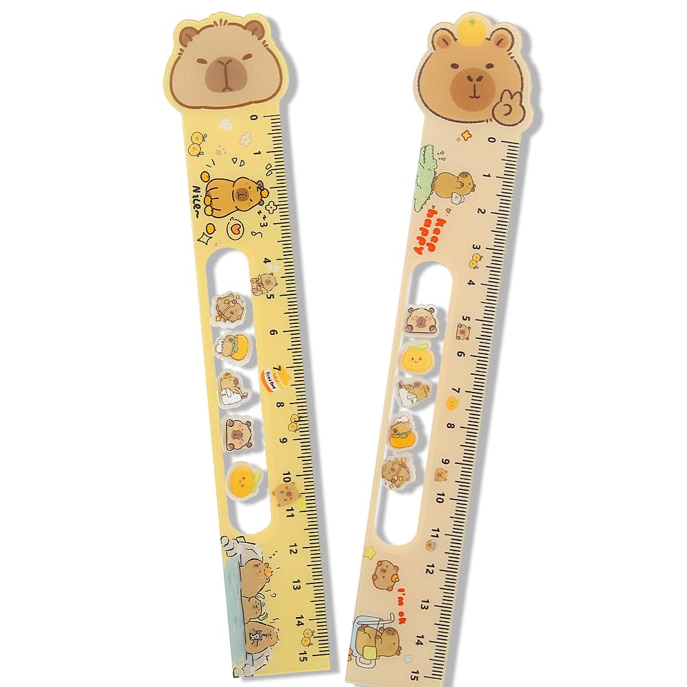 15CM Cute Capy Straighter Ruler, 2Pcs Plastic Clear Capy Bara Straighter Ruler, Plastic Measuring Tool Kawaii Kapibala Portable Stationery School Supplies Stationery Transparent