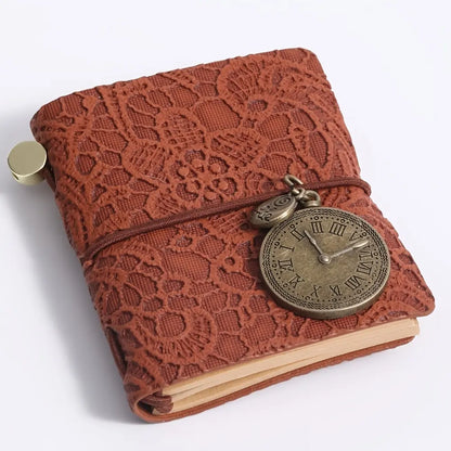 Retro Embossed Leather Journal – Mini Notebook with Metal Clock Charm and Strap Closure