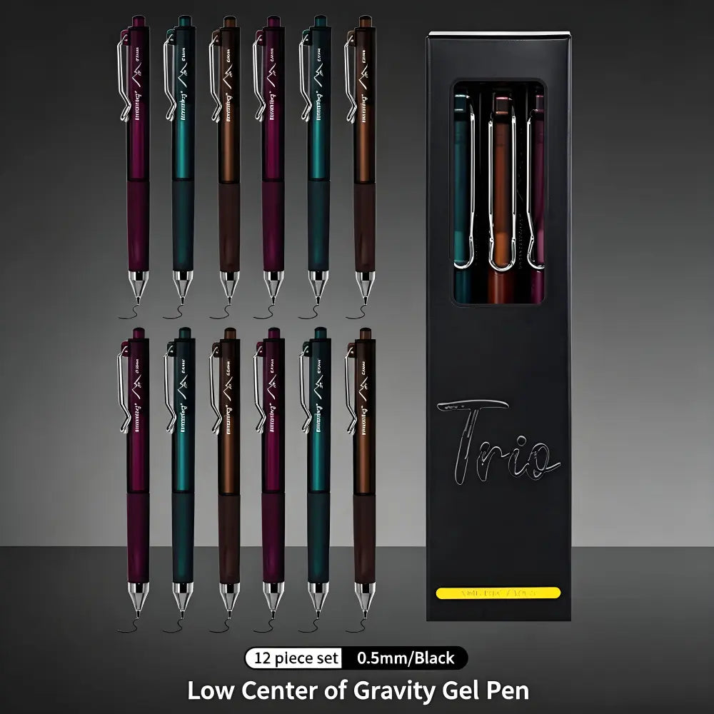 Aesthetic Gel Pens 12-Piece Set - 0.5mm, Low Center of Gravity, Retractable, Dark Style, Soft Protective Sleeves, Comfortable Callus-Preventing Grip, Smooth Smudge-Proof Quick-Dry Ink, Large-Capacity Black Pens for DIY, Back to School Supplies