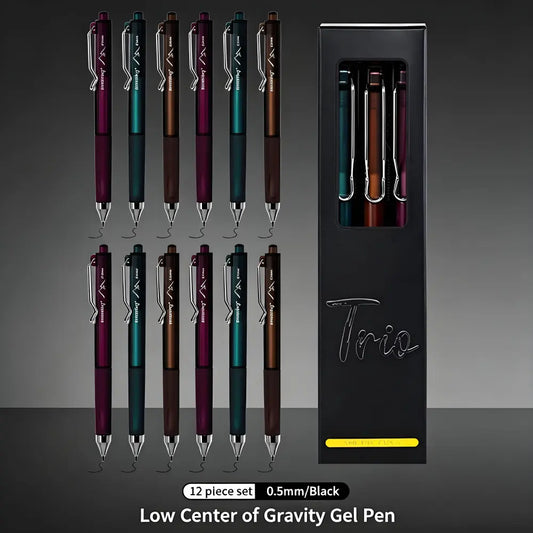 Aesthetic Gel Pens 12-Piece Set - 0.5mm, Low Center of Gravity, Retractable, Dark Style, Soft Protective Sleeves, Comfortable Callus-Preventing Grip, Smooth Smudge-Proof Quick-Dry Ink, Large-Capacity Black Pens for DIY, Back to School Supplies