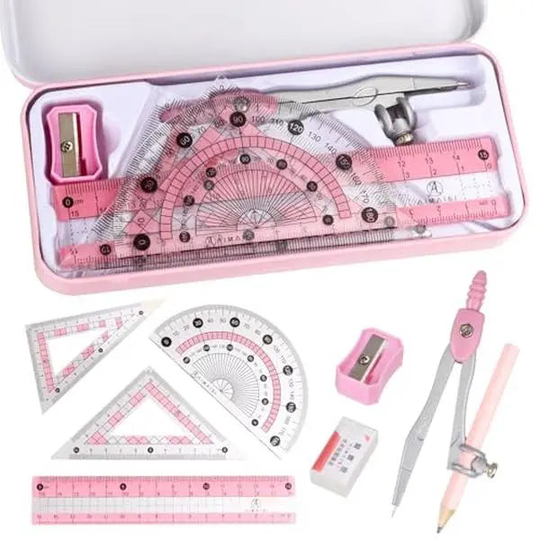 8 Piece Geometry Compass Set with Metal Compass, Rulers, Protractor, Set Squares, Eraser, Sharpener and Metal Storage Box for School & Math
