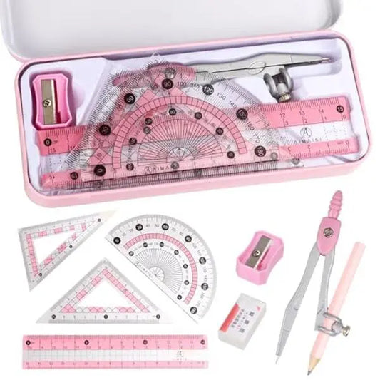 8 Piece Geometry Compass Set with Metal Compass, Rulers, Protractor, Set Squares, Eraser, Sharpener and Metal Storage Box for School & Math
