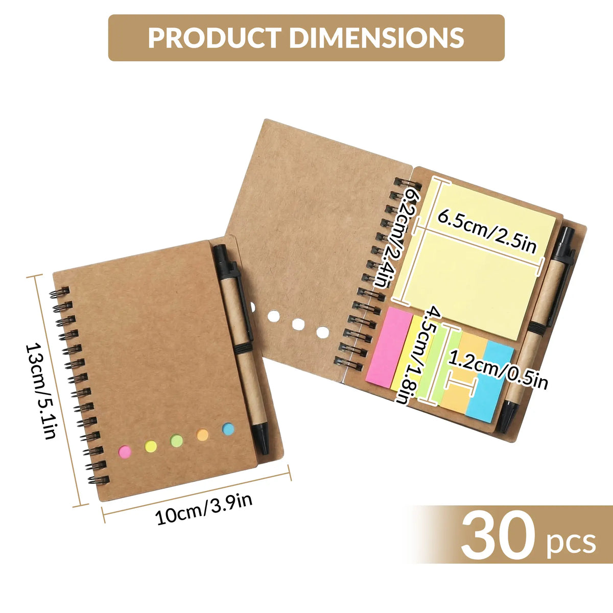 30-Pack Kraft Paper Mini Spiral Notebooks (the notebook), 60-Page 13x10 cm Pocket Notepads with Sticky Notes, Sticky Tabs, 5-Color Tabs & Free Pen, School Supplies Haul for Cute School Supplies,sohochic