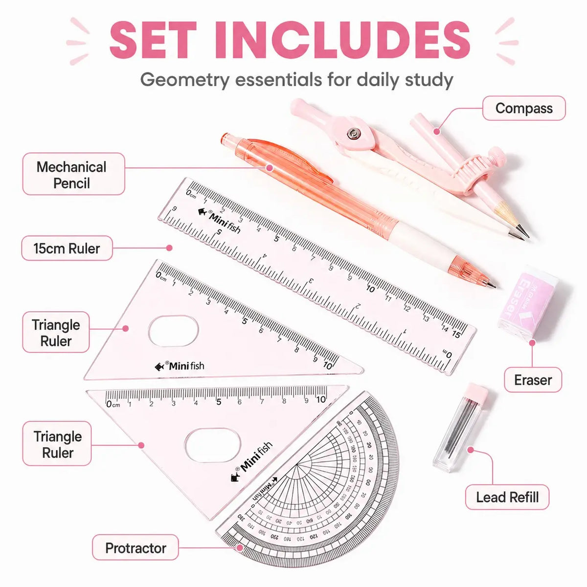 9-Piece Geometry Set for Math Class, Compass and Protractor with Ruler, Triangle, Mechanical Pencil, Eraser and Lead Refills, Student Drawing Tools Kit, School Supplies