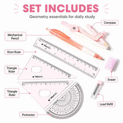 9-Piece Geometry Set for Math Class, Compass and Protractor with Ruler, Triangle, Mechanical Pencil, Eraser and Lead Refills, Student Drawing Tools Kit, School Supplies