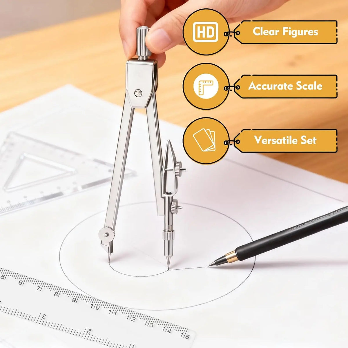 7 count Geometry Set-Clear Plastic Rulers,Triangle Ruler,Protractor,Compass | 12Inch & 6Inch Ruler Set for School Office Math Drawing Drafting Engineering Architecture Art