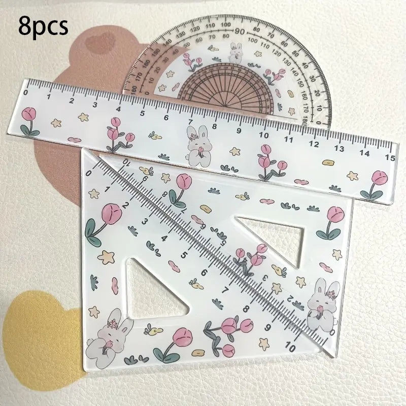 4/8pcs Cute Rabbit Tulip Pattern Ruler Set, 1 Set Ruler, Testing Drawing 4pcs Set Ruler, Ruler And Triangle, Cute Rabbit Tulip Ruler Stationery
