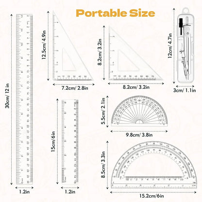 7 count Geometry Set-Clear Plastic Rulers,Triangle Ruler,Protractor,Compass | 12Inch & 6Inch Ruler Set for School Office Math Drawing Drafting Engineering Architecture Art