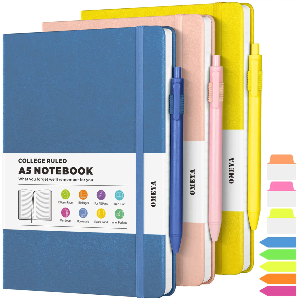OMEYA 3-Pack A5 College Ruled Hardcover PU Leather Journal Notebook, Minimalist Design with Elastic Band, Pen Loop, Inner Pockets, 100GSM Thick No-Bleed Paper for Office School Use