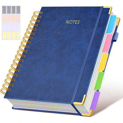 Leather Bound Journal - 8"x10" B5 Leather Hardcover Spiral School Notebook, 300 College-Ruled Paper Pages, Removable Divider Tabs, 5-Subject, Expandable Back Pocket, for School Work, Office Accessories