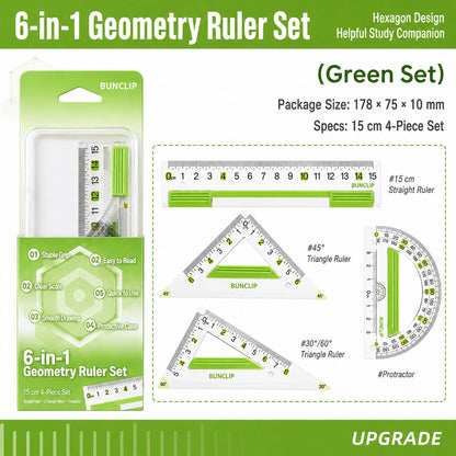 EpenGo Honeycomb Anti-Slip Geometry Ruler Set – 4-Piece Student Math Measuring Kit with Eye-Friendly Green Markings, Includes 15cm Straight Ruler, Protractor & Triangle Rulers