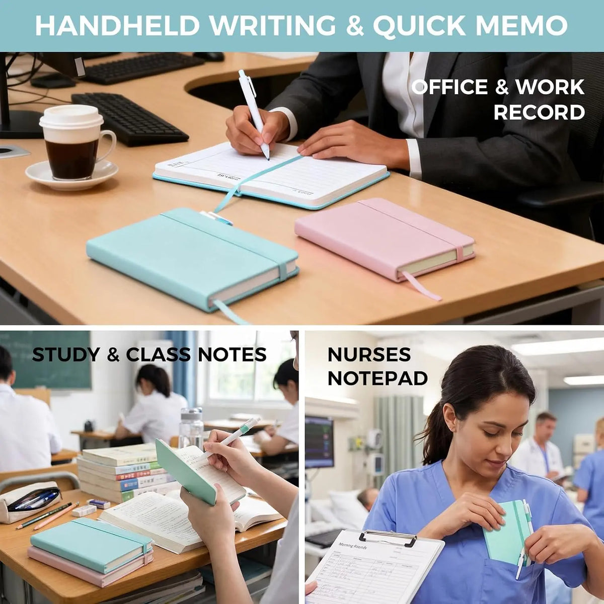 3 Pack Pocket Notebook Journals, A6 Hardcover Notepads, Pen Holder | College Ruled Pages, 5.7 x 3.7 In, Blue  Green, for Women, Office, School, Work, Travel, Bags, Notes, Lists, Meetings