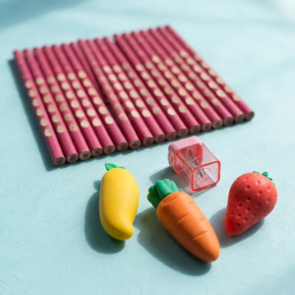 Fruit-Themed Grip Pencil Set, 30 Laser-Etched Writing Tools, 3 Random Erasers, 1 Random Pencil Sharpener for Motivation (Office Stationery)