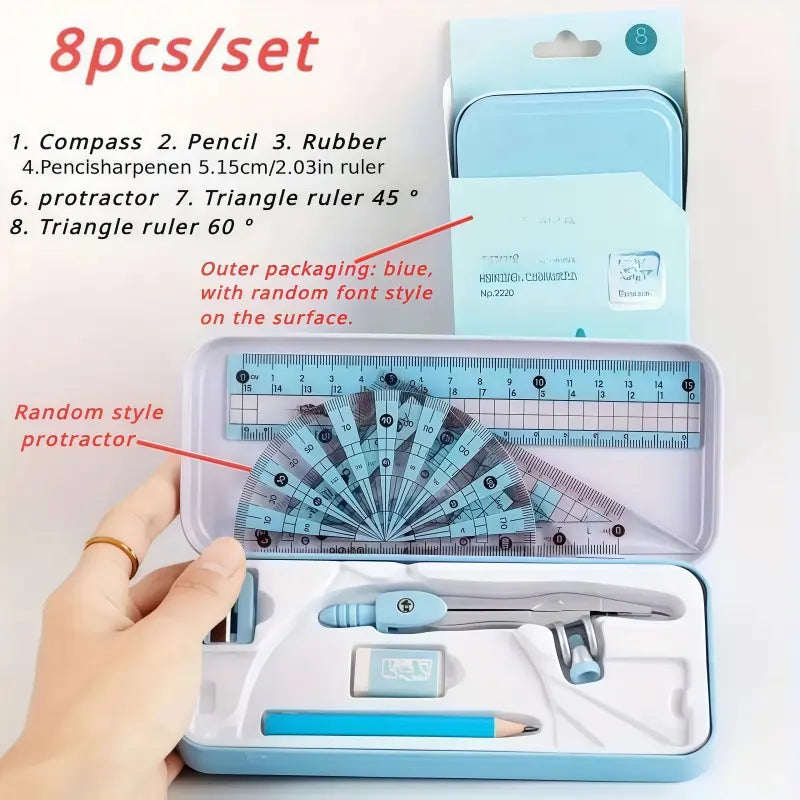 8 Piece Set Ruler Compass Pencil Set, Geometry Math Drawing Measuring Instrument Stationery, Essential Elementary School Home Office Supplies, Back-To-School Gift, Classroom Prizes