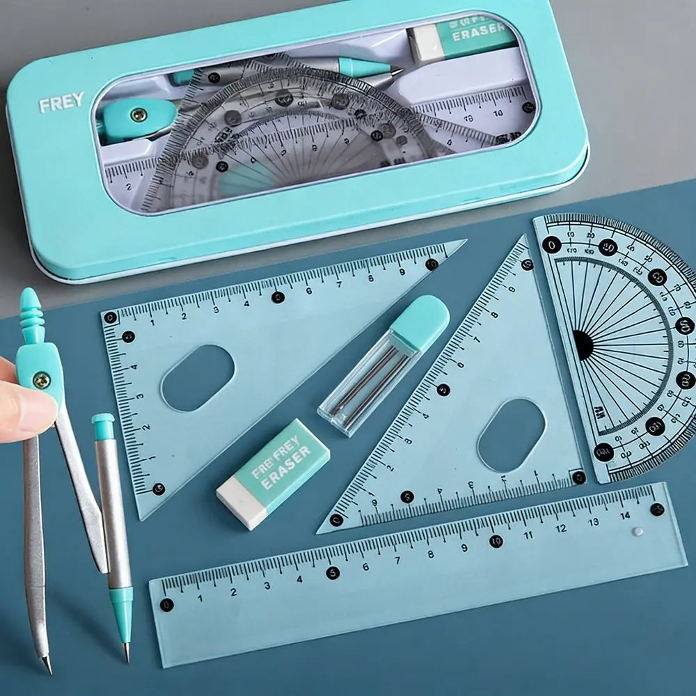 7pcs Compass Ruler Set, Measuring Instrument for Elementary and Middle School Students, Exam Essential Tools, Includes Protractor Straightedge Triangle Board