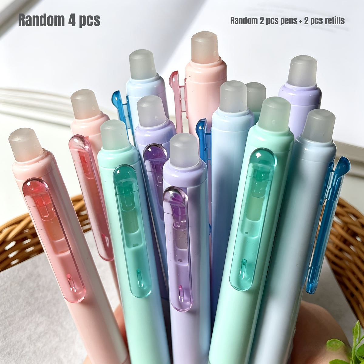 4pcs Set: 2 Pens + 2 Refills in Random Macaron Colors, Cloud-Grip Comfortable Erasable Gel Pens. Retractable Click Mechanism with Blue/Black Ink, Easy to Erase Mistakes, Includes Built-in Eraser. Cloud-Grip Design for Comfortable, Fatigue-Free