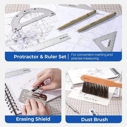 21PCS Professional Drafting Tools & Geometry Set with Case, Architect Compass & Protractor Set, Metal Pencils, Pens, Scale Ruler Metal Ruler, 5 Drawing Templates for Interior House Plan,