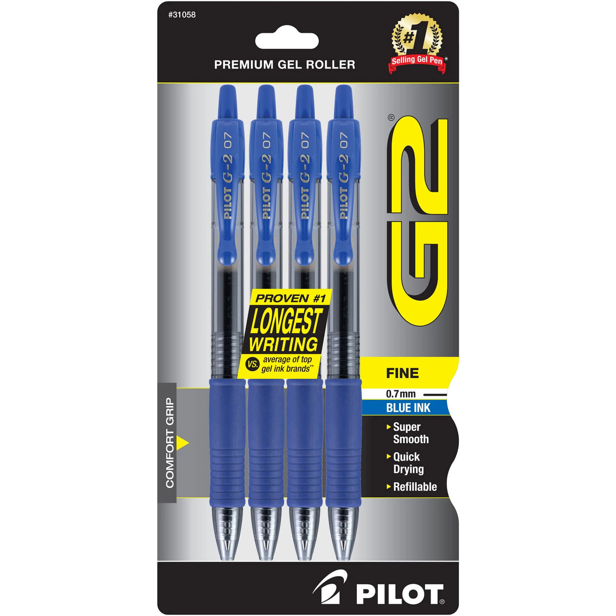 PILOT G2 Premium Gel Pens, Fine Point 0.7mm, Black Ink, 4-Pack