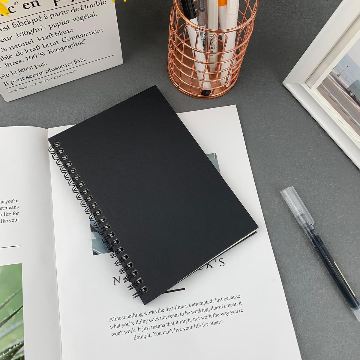 Ykimok 2-Pack (60 Sheets/Notebook) College Ruled Hardback Black Cover Spiral Notebook - Memo Notepad and Sketchbook for Students, Office, and Business Diary, 7.48 x 5.11 Inches.