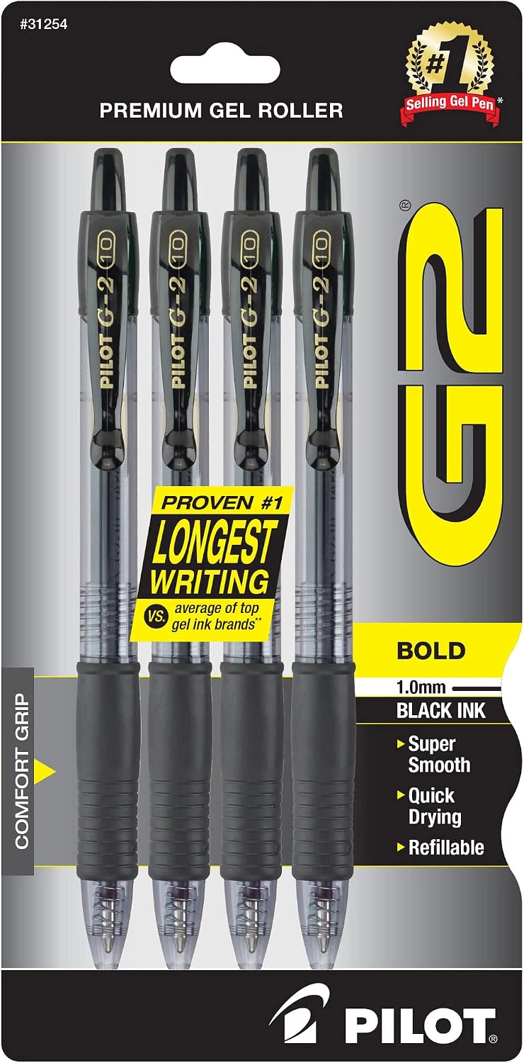 PILOT G2 Premium Gel Pens, Bold Point 1.0mm, Black Ink, 4-Pack