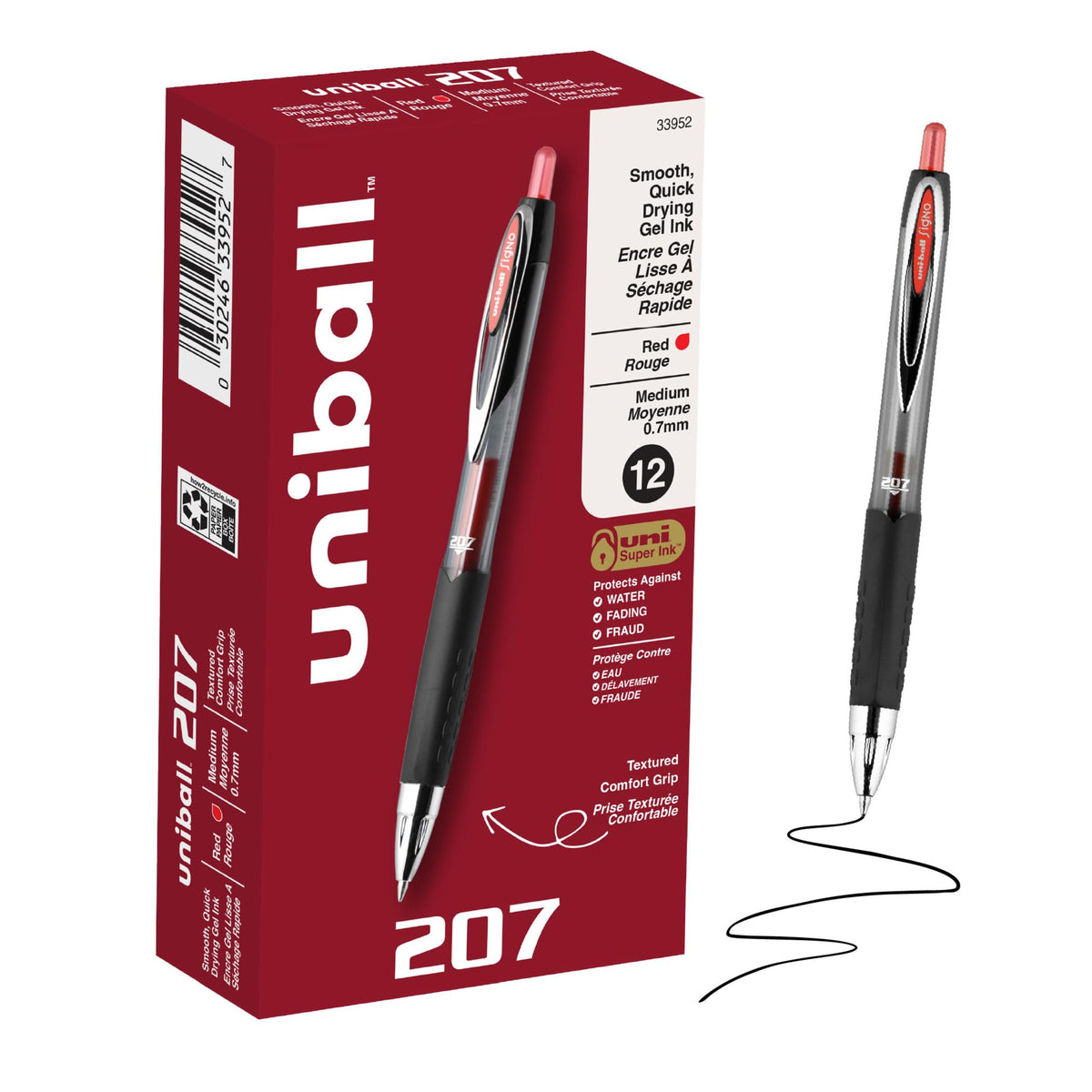 uniball™ 207 Gel Pens, Black Ink, 0.7mm Medium Point, Retractable, 12 Count